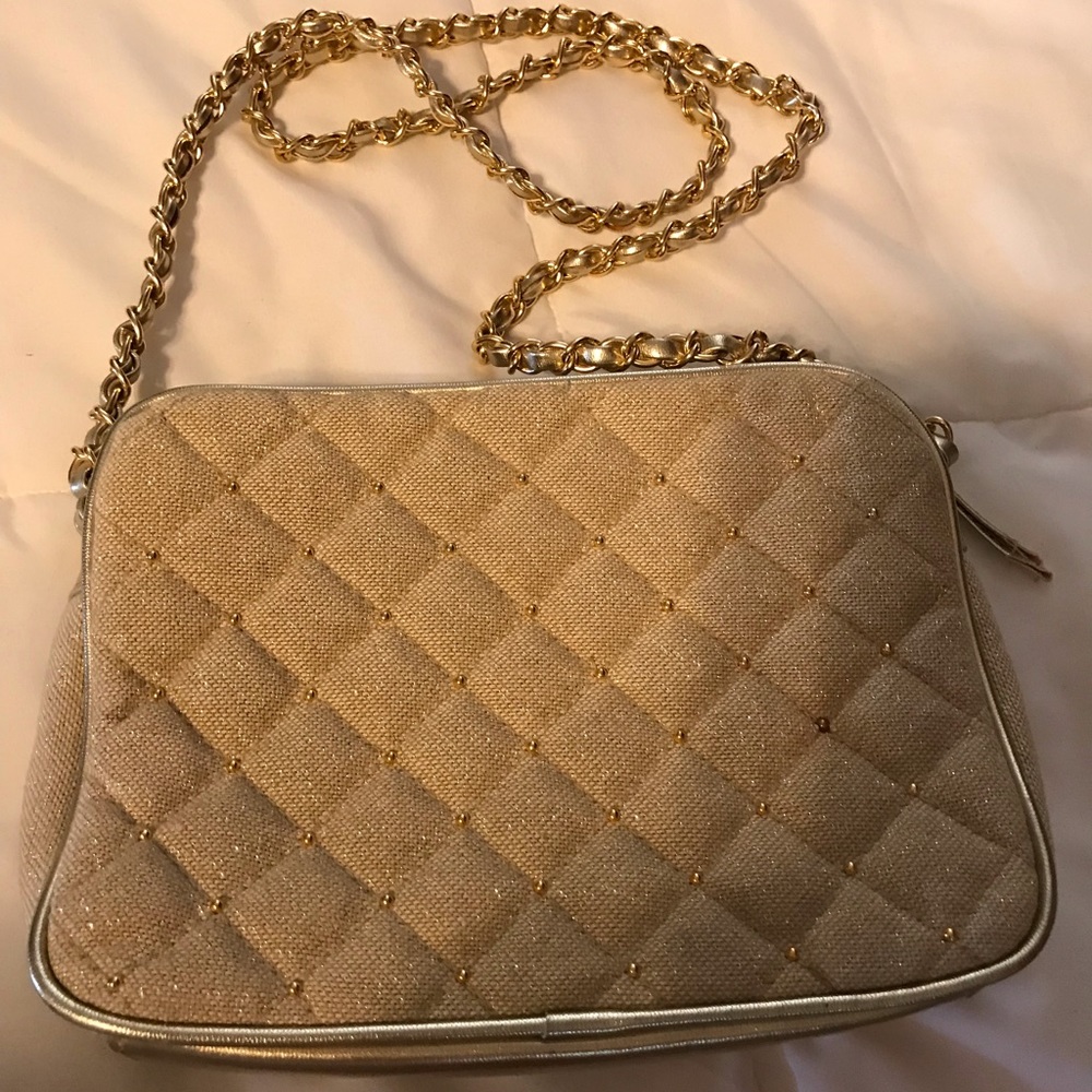 Marlo cloth shoulder bag studs chain strap 7x9” creme
